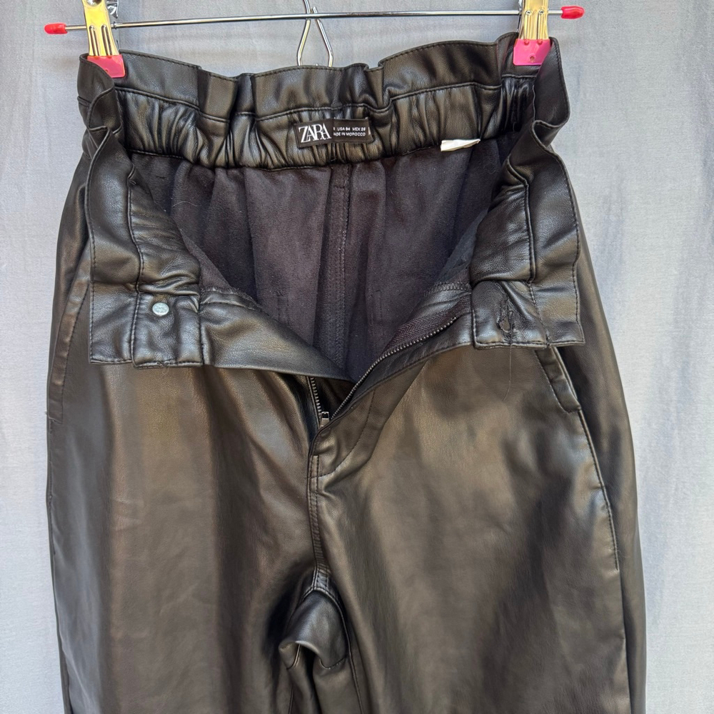 ZARA Faux Leather Paperbag Waist Pants Black Size 4 High Rise - Picture 9 of 9
